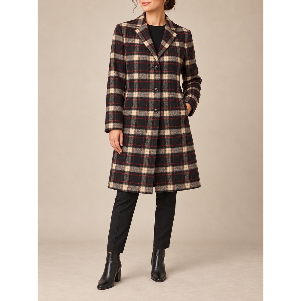 L 217 Jones Wear Plaid Wool Blend Long Coat Black Red Cream Button Front Lined - Picture 2 of 8